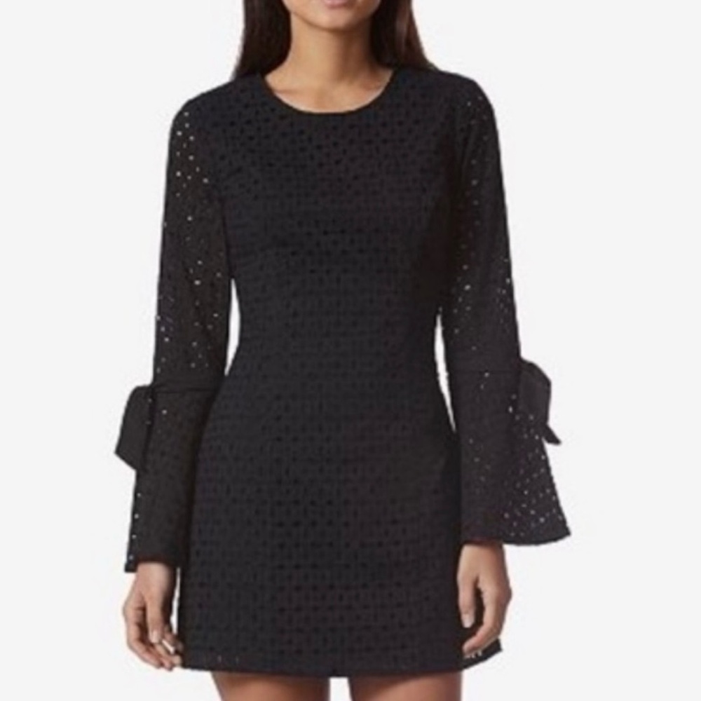 AVEC LES FILLES Women's XS Black Eyelet Tie Bell Long Sleeves Cotton Mini Dress
